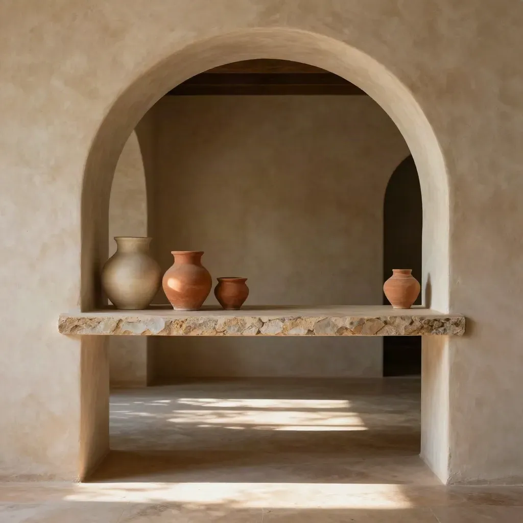 Sunlit plaster alcove with stacked ceramic planters on a ledge above a shadowed floor.