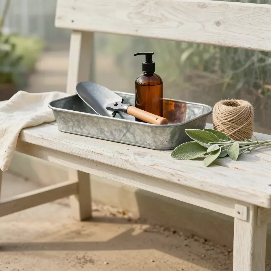 Greenhouse potting bench with tools, feed bottles, cloth and clipped greenery in soft sunlit haze.