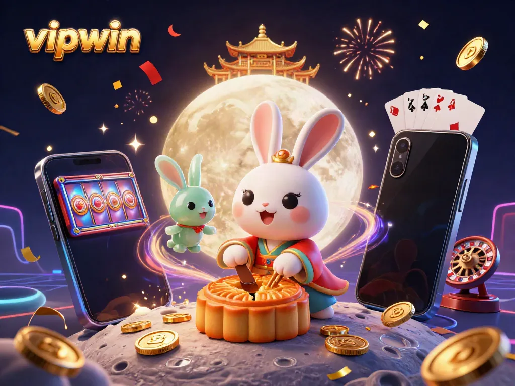 Experience thrilling gameplay on vipwin with a magical moon rabbit scene filled with poker chips, colorful slot games, and festive decorations.