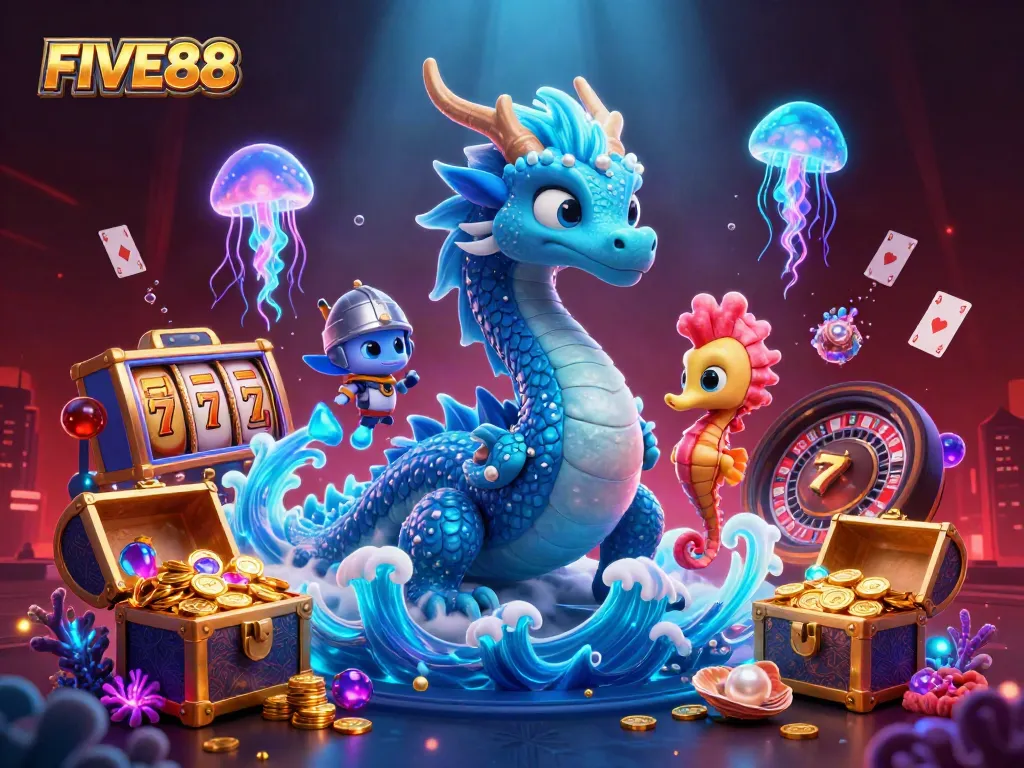 Experience thrilling casino action with FIVE88's vibrant underwater-themed illustration, showcasing dynamic gaming elements.
