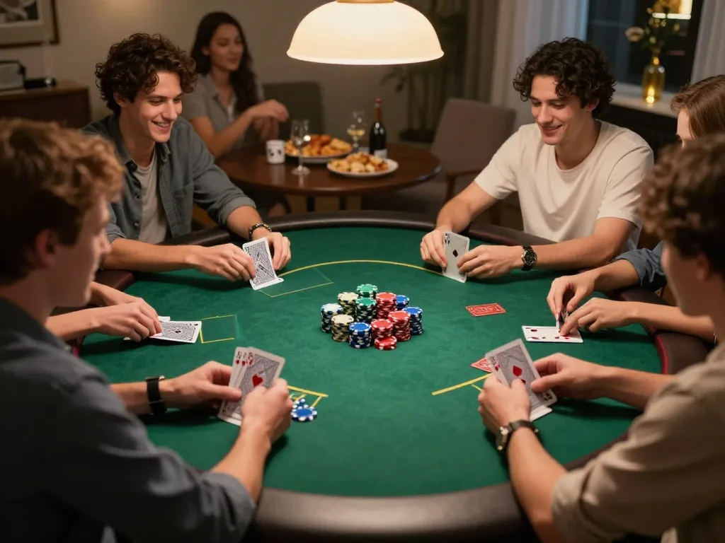 Engaged players at a home poker night strategizing their bets on sunwingo