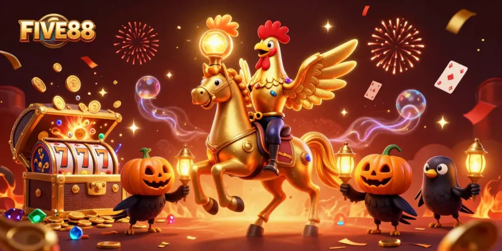 Engage in exhilarating slots at FIVE88, featuring a vibrant 3D scene of a golden rooster in a casino.