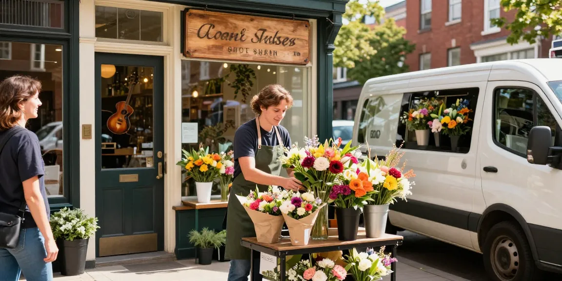 Flower delivery Gibbons: Florist arranging vibrant bouquets in a sunny urban setting.