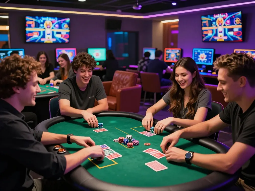 Friends enjoying games at MM88 online casino in a lively gaming lounge