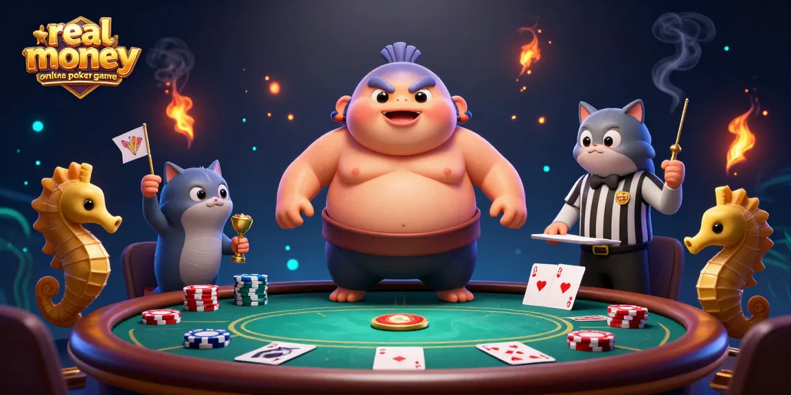 Join the excitement of a real money online poker game with a vibrant underwater scene featuring a fugu, catfish referee, and seahorse fans!