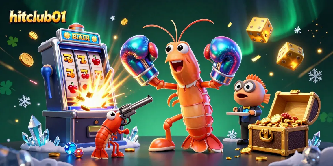 Hitclub01 showcases an exciting 3D illustration of a mantis shrimp boxing alongside its sidekick in a vibrant casino environment.