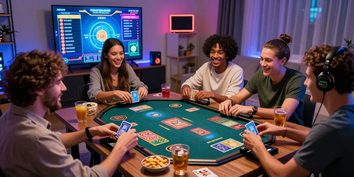 Friends gaming on the rikvip platform, engaging in a lively card game with vibrant digital elements.