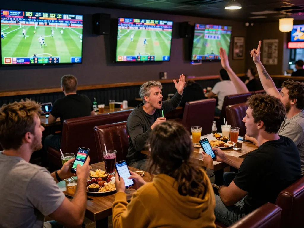 Excited group engaged in live sports betting, showcasing keonhacai strategies in a vibrant atmosphere.