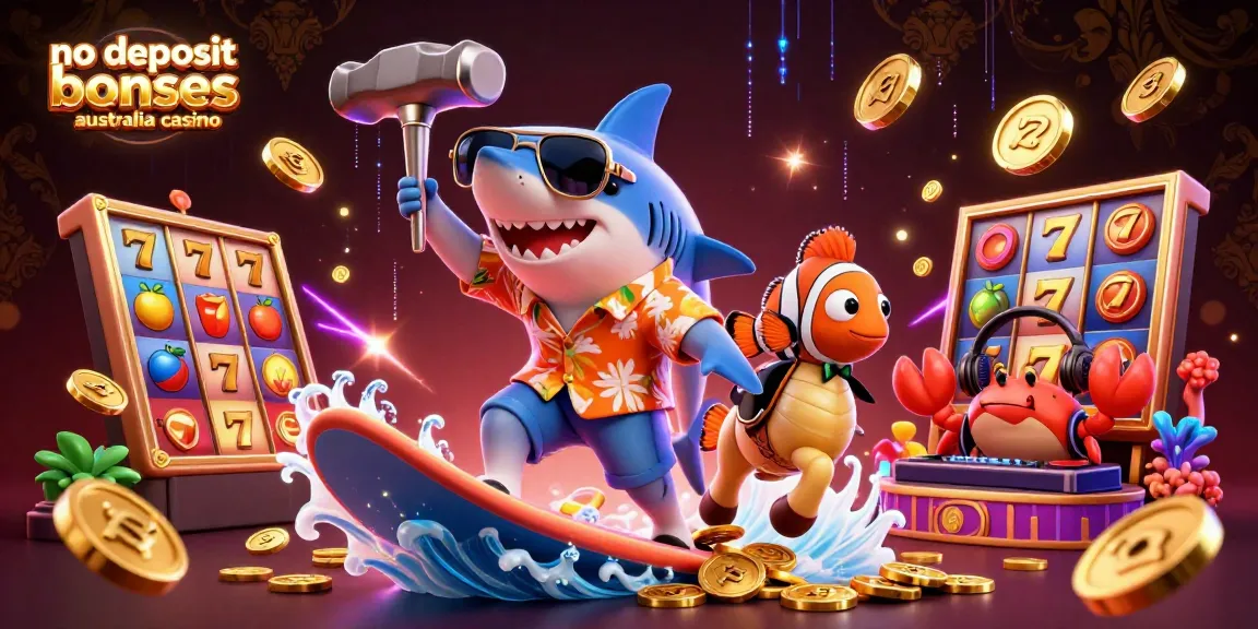 No deposit bonuses Australia casino scene featuring a hammer-head shark, clownfish, and crab DJ with gold coins.