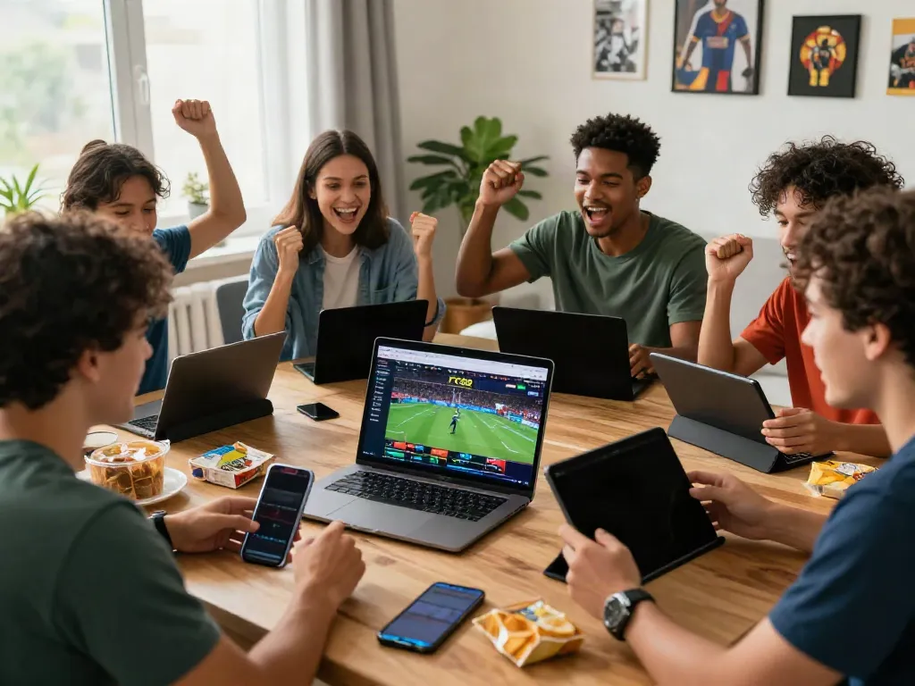 Engaged users betting live on https://fc88v1.com/ in a modern home setting, celebrating sports events together.
