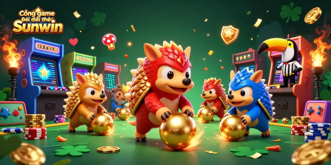 Cổng game bài đổi thưởng Sunwin showcases a playful scene with rival pangolins bowling through poker chips, emphasizing vibrant gaming elements.