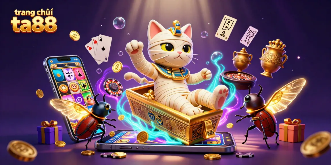 Engage in thrilling gameplay at trang chủ ta88 with a vibrant 3D illustration of a mummy cat surrounded by casino excitement.
