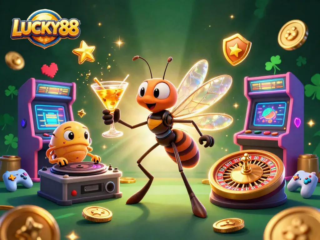 Join the fun at LUCKY88 with a vibrant casino scene featuring animated characters and game elements.