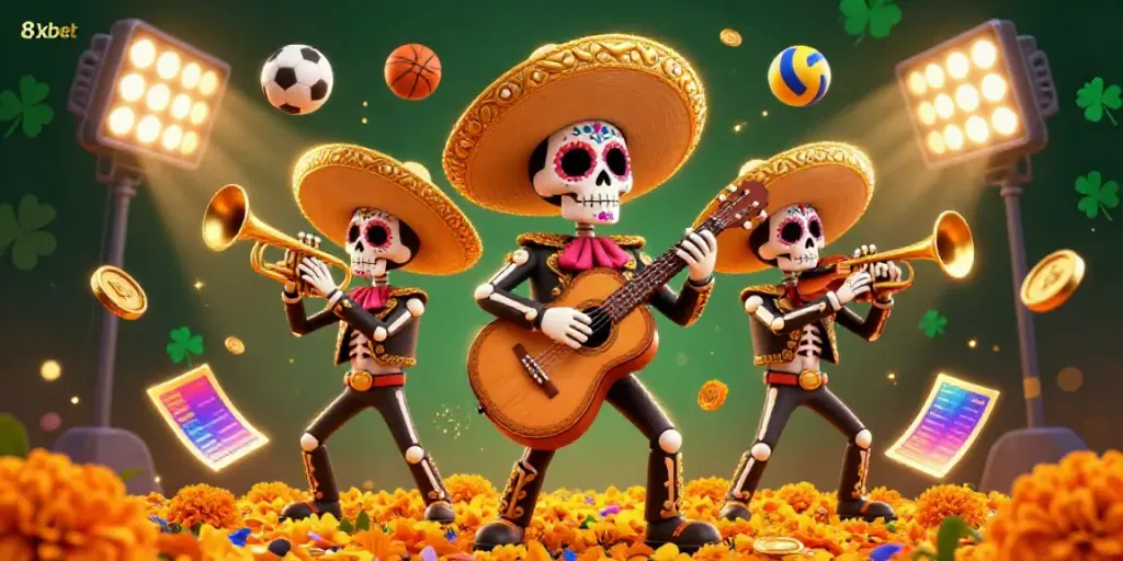 Experience the vibrant energy of sports betting with 8xbet's cartoon mariachi band surrounded by dynamic gambling elements.