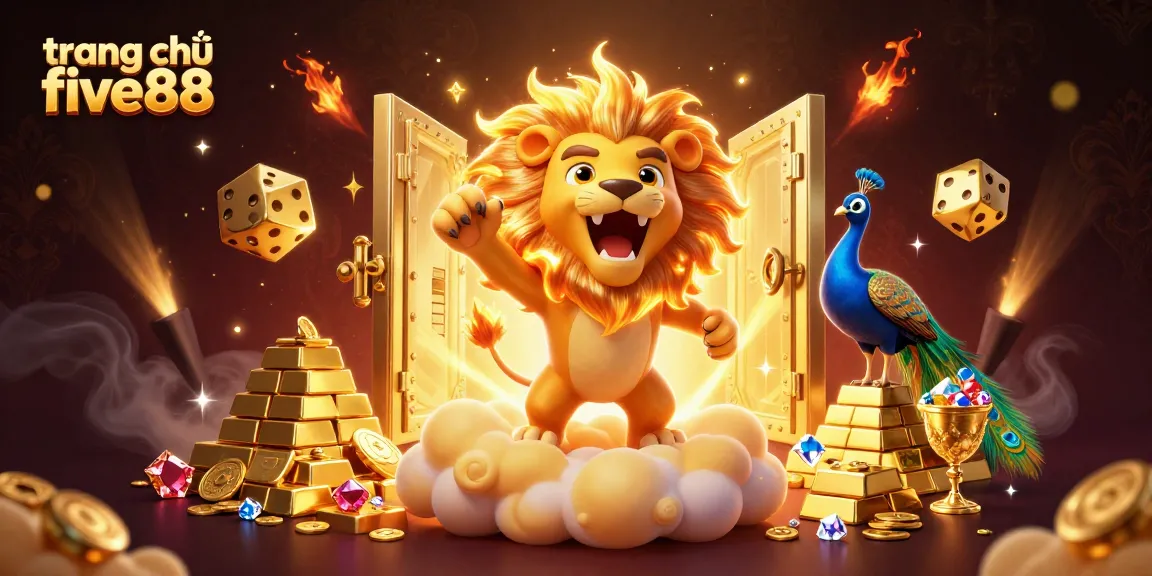 Engage in the excitement of trang chủ five88 with a vibrant casino scene showcasing a roaring lion and golden treasures.