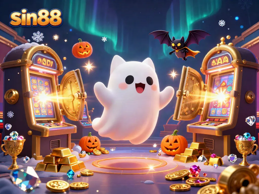 Experience thrilling gameplay at sin88 with a ghost cat and vampire bat in a vibrant casino.