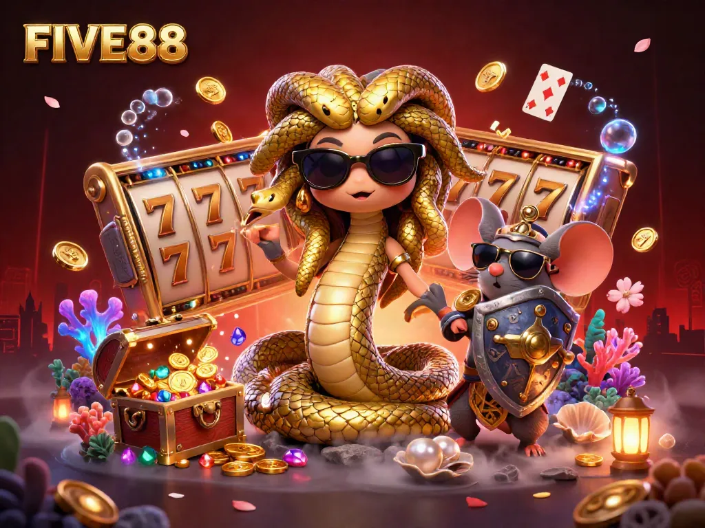 Engage with FIVE88's vibrant casino world filled with Medusa, slot reels, and treasure elements.