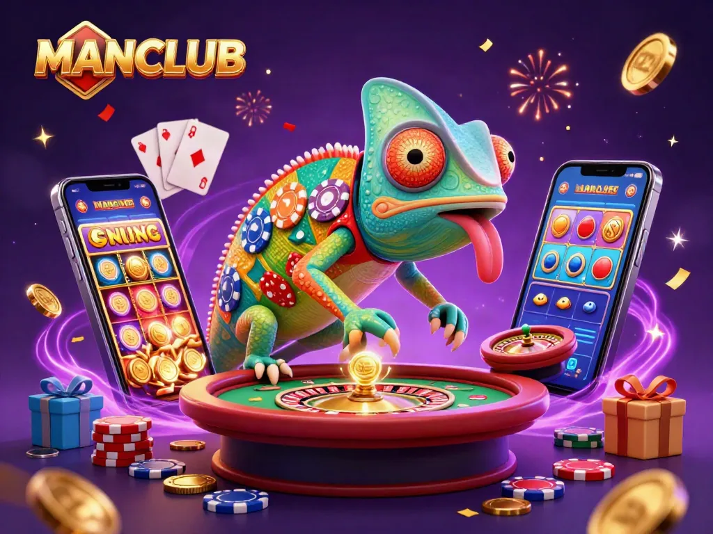 Engage with MANCLUB's vibrant casino scene featuring a colorful chameleon and exciting gaming elements.