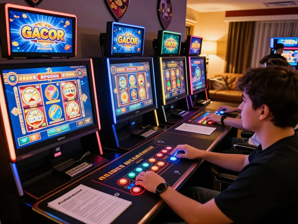 Engaged player at home enjoying slot gacor online gaming interface with dynamic visuals.