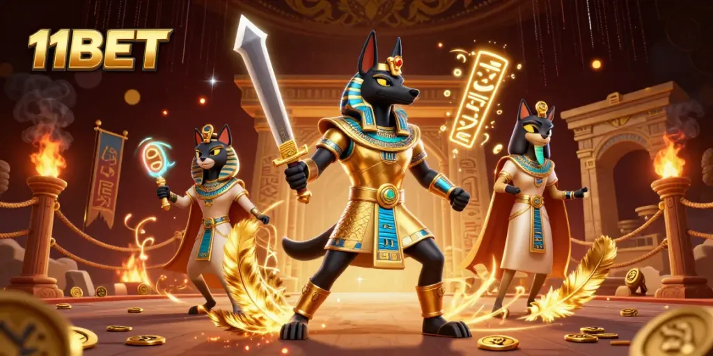 Engage in thrilling gameplay at 11BET with Anubis and Bastet in an Egyptian casino scene.