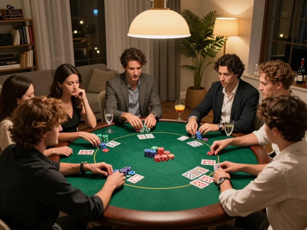 Engaging moment with Link mới Vin88 during a lively home poker night among friends, showcasing dynamic gameplay.