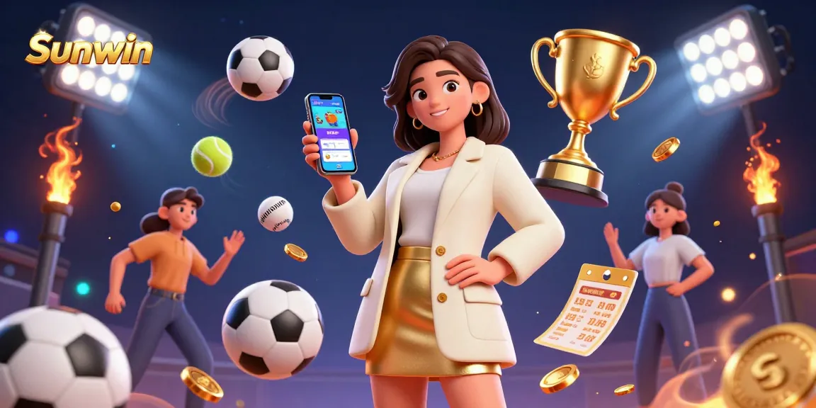 Bet on the Sunwin sports betting app with an Asian woman celebrating and a trophy.