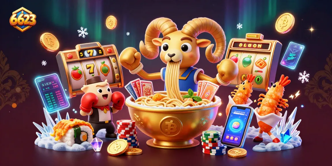 Experience engaging slots at 6623 with a vibrant 3D illustration of a whimsical casino scene.