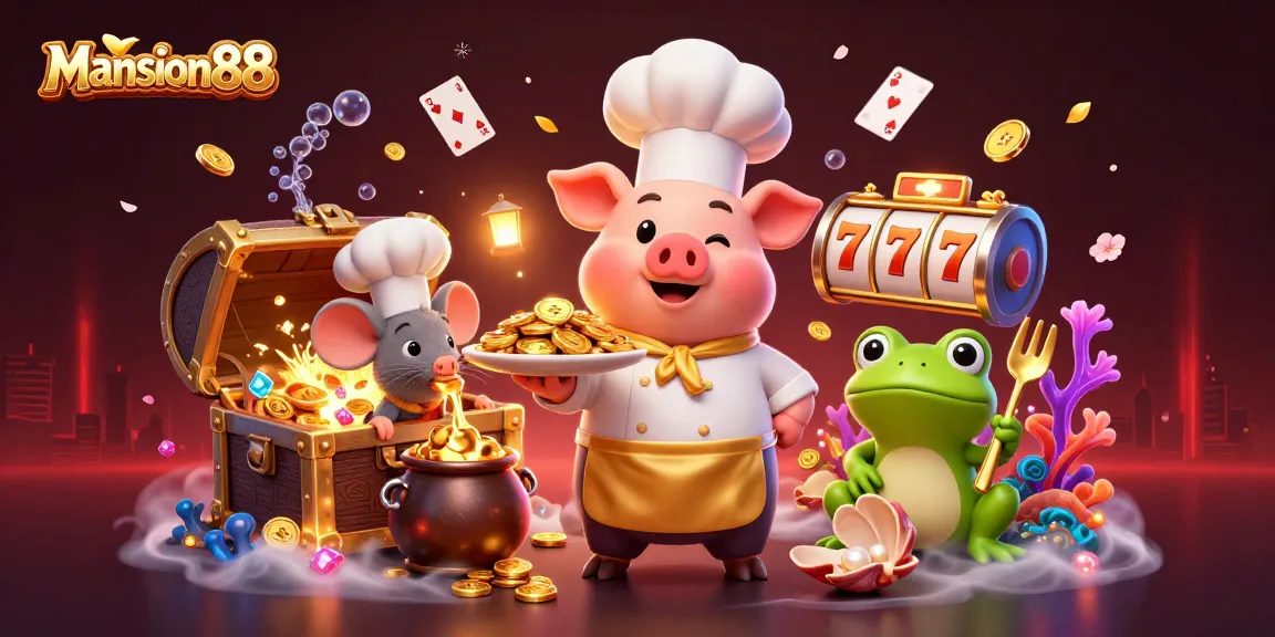 Engage with Mansion88's thrilling slots featuring a vibrant 3D scene of characters celebrating gold.
