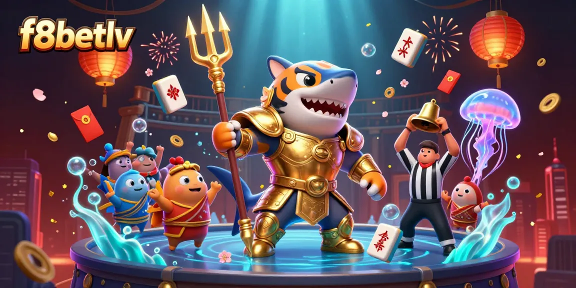Experience exhilarating gaming adventures with f8betlv, featuring a fierce shark gladiator and a vibrant underwater casino scene.