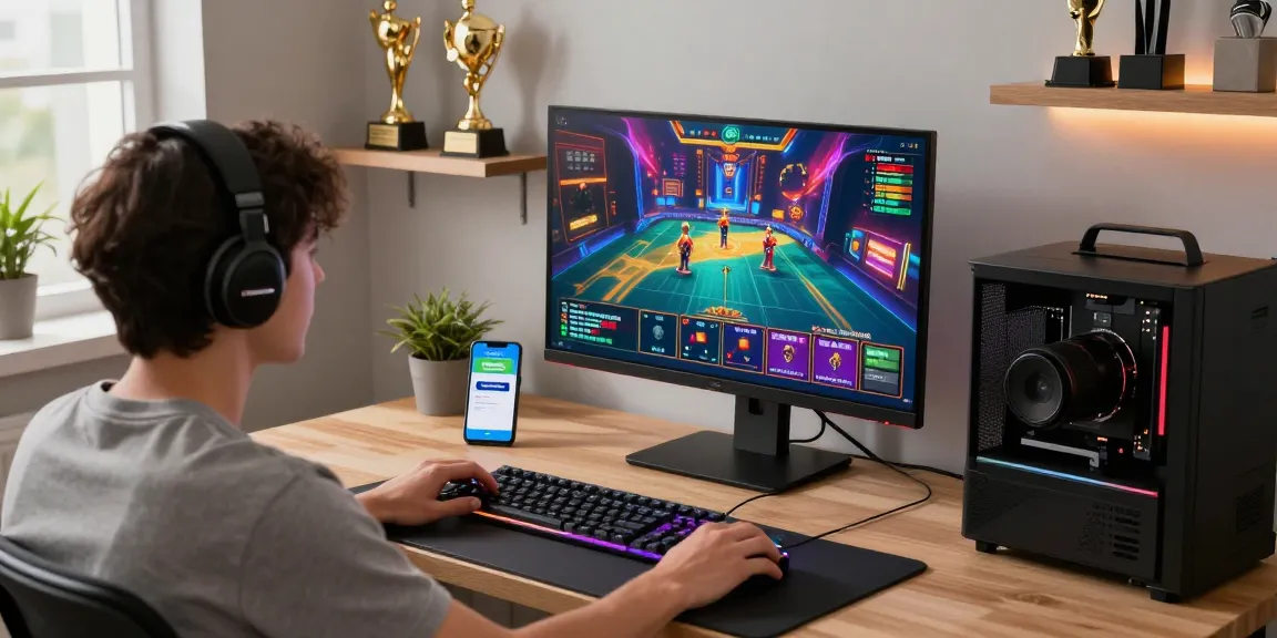 Engagierter Gamer an einem Paysafe Card Casino-Setup mit lebhaftem Online-Gaming-Display und modernen Technologie-Elementen.