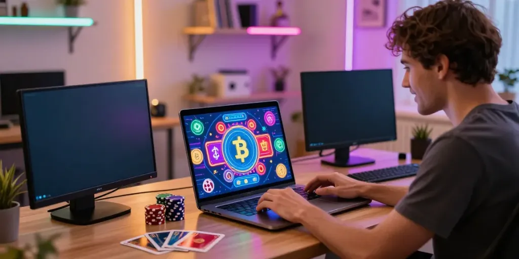 Engaged user enjoying Streek Crypto Casino Canada from a vibrant home office setup.