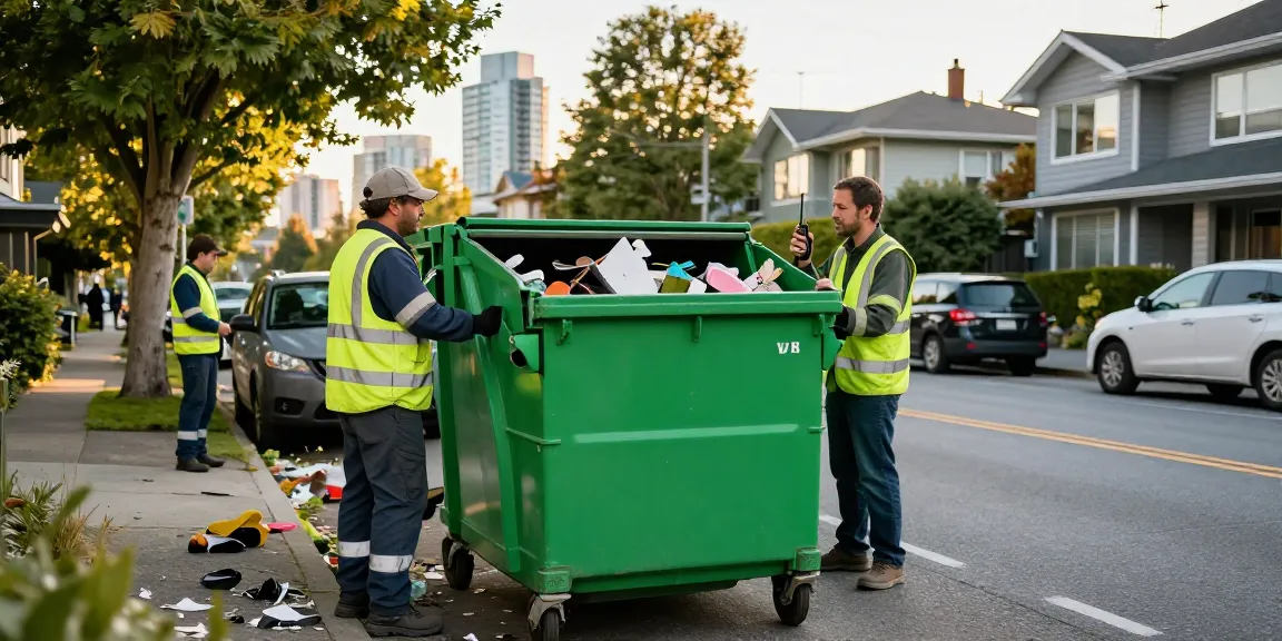 Efficient bin rentals Vancouver scene with a worker managing a dumpster placement in a residential area.