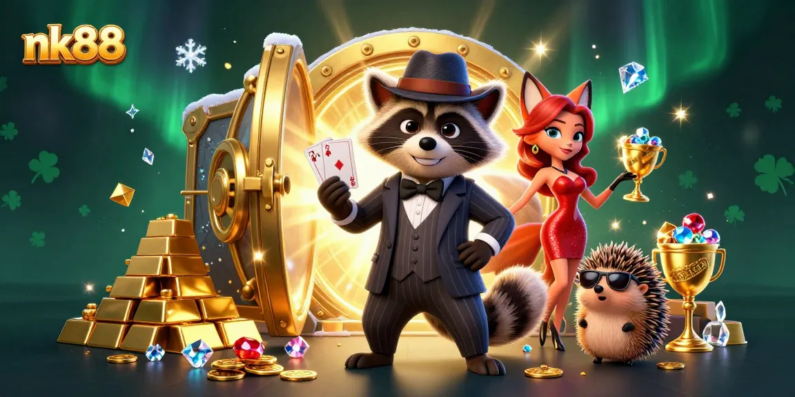 Experience thrilling gameplay at nk88 with a charming raccoon, a fox lady, and a bouncer in an action-rich casino scene.