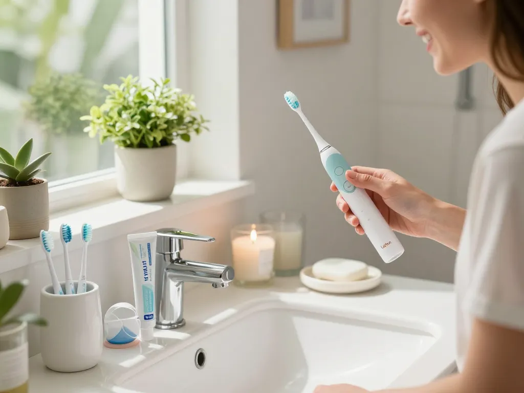 Person enjoying effective brushing with Laifen electric toothbrush in stylish bathroom, emphasizing oral care innovation.