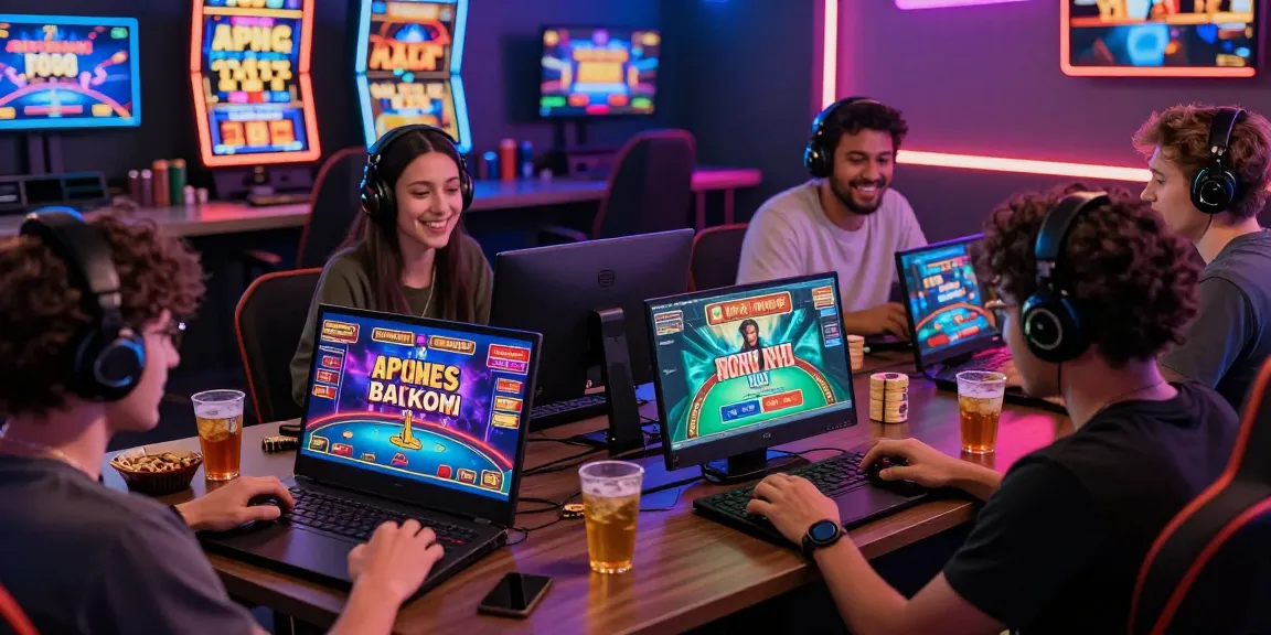 Players enjoying online casino games on devices at 68gamebai, vibrant atmosphere with social engagement.
