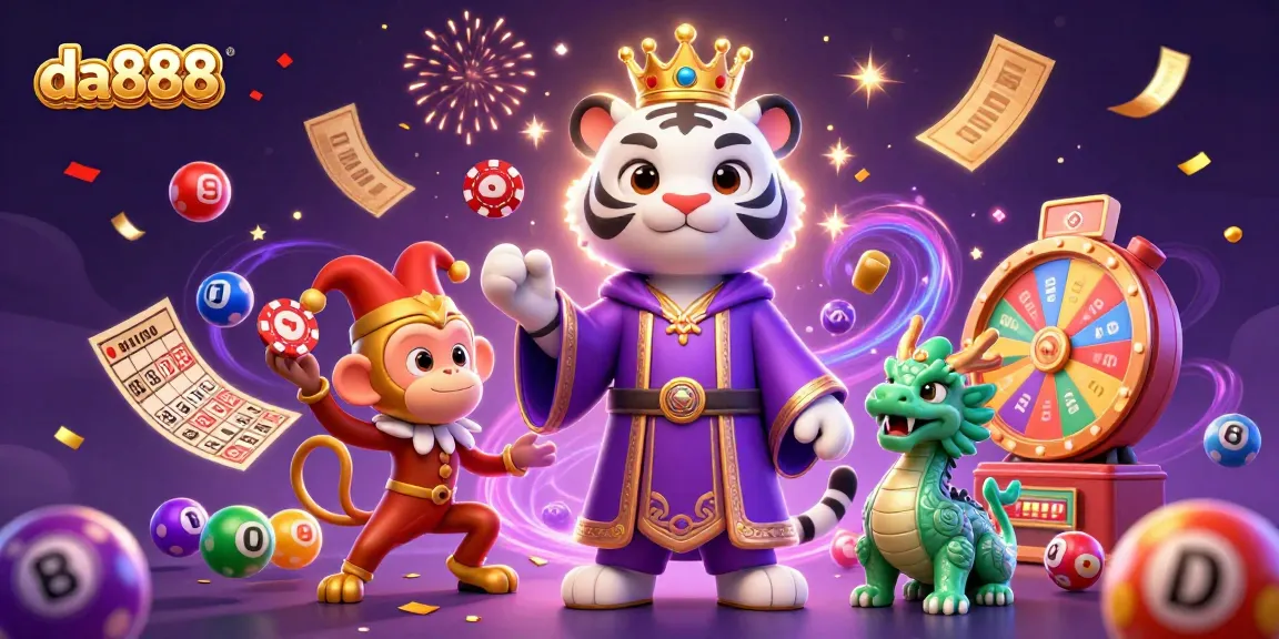 Experience the thrill of da888 in this vibrant 3D scene with a tiger, monkey, and dragon celebrating casino games.