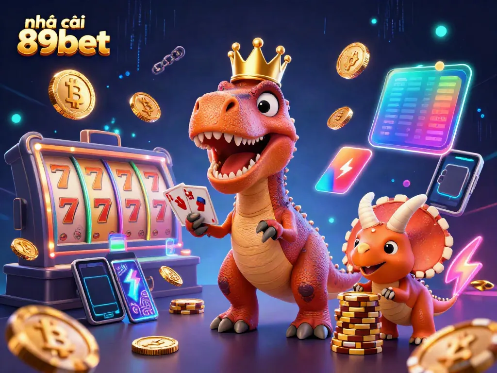 Engage with nhà cái 89bet through an exciting 3D casino scene featuring dynamic characters and vibrant slot elements.