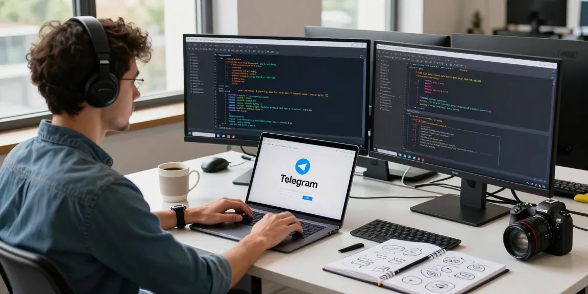 Developer exploring Telegram download on multiple screens in a modern office.