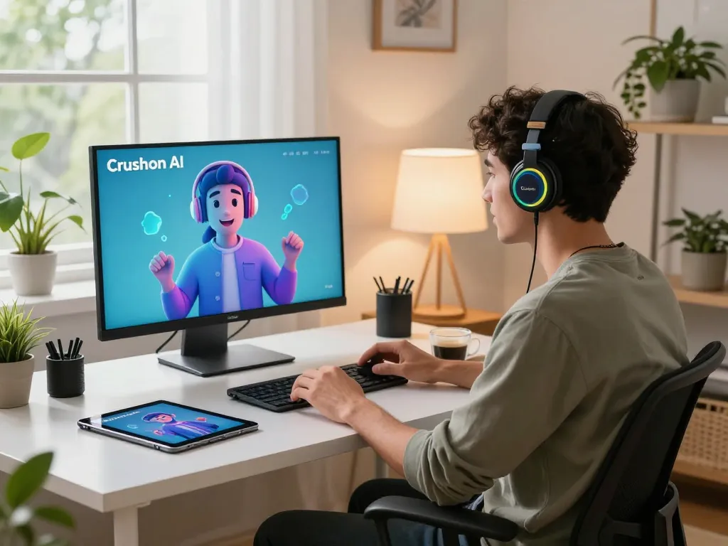 User engaging with Crushon AI in a cozy home office environment, highlighting modern technology and immersive conversations.