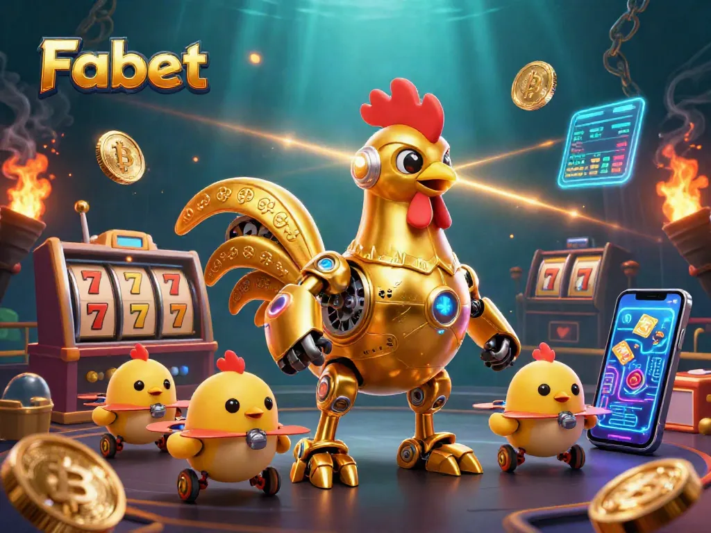 Bet with Fabet and witness an epic showdown featuring a golden rooster robot and baby chick drones.