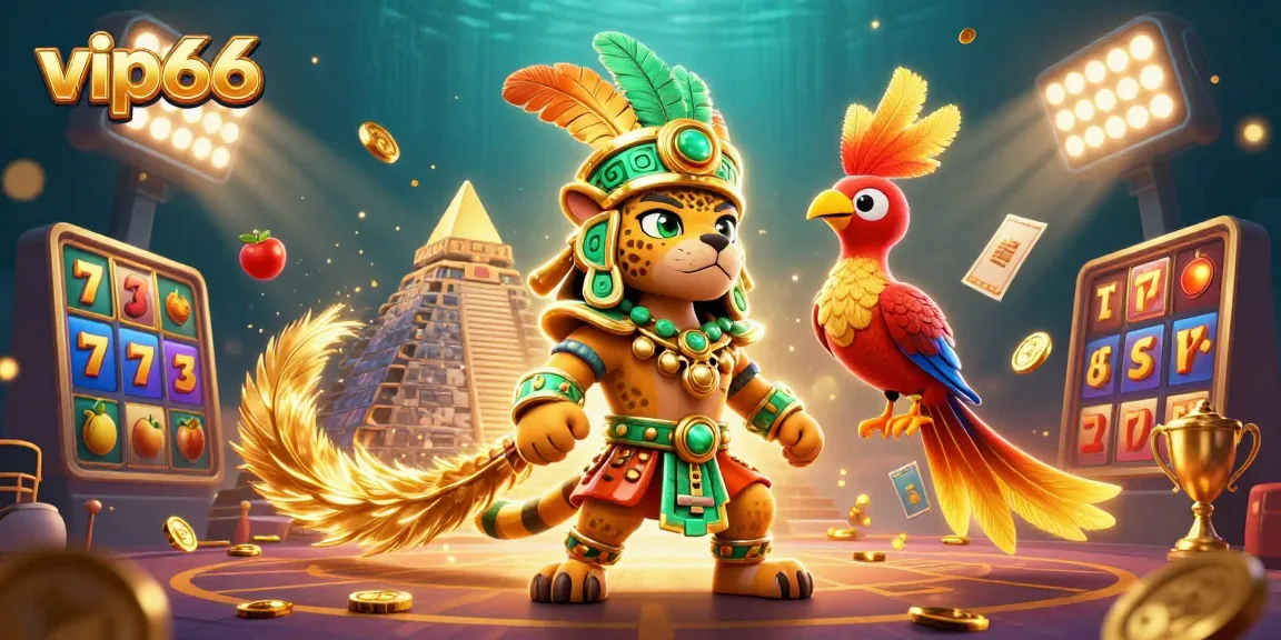 Experience thrilling vip66 casino excitement with a vibrant illustration of a Mayan jaguar priest surrounded by dynamic slot reels.
