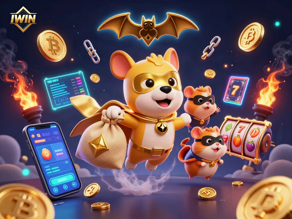 IWIN-themed illustration featuring a superhero dog and hamster collecting gold coins amidst a vibrant casino backdrop.