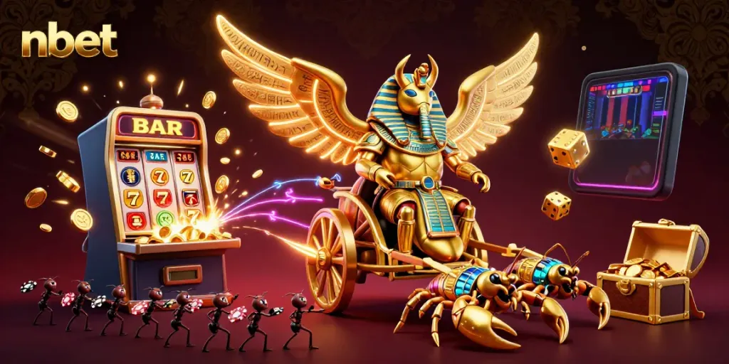 Engage with nbet's vibrant casino experience showcased by a golden scarab beetle around a jackpot explosion.