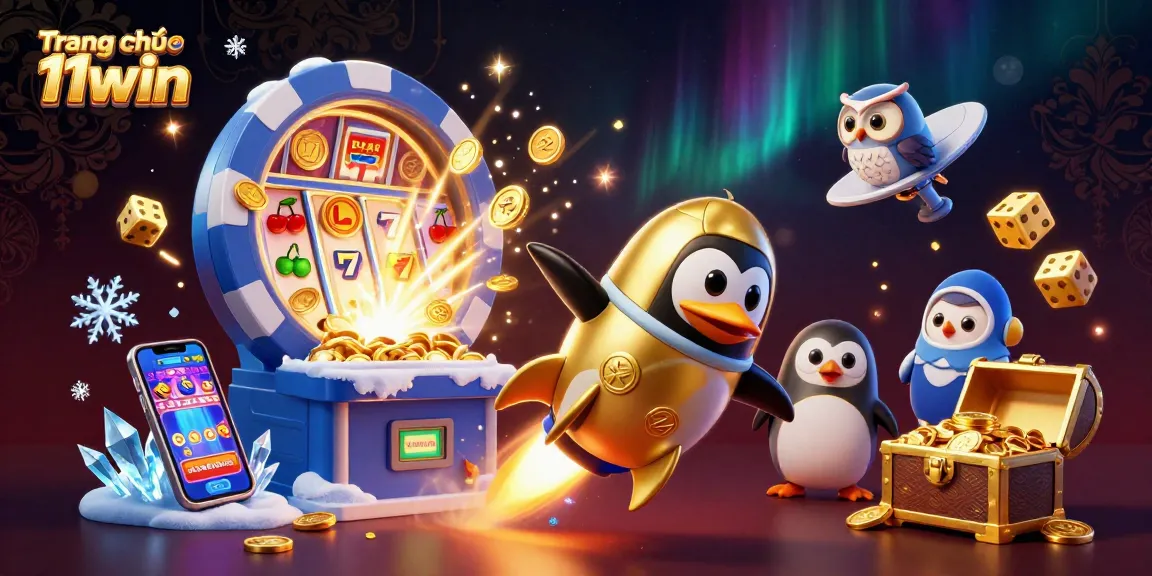 Experience the excitement of Trang chủ 11win with a golden penguin rocket blasting through a dazzling casino space scene.