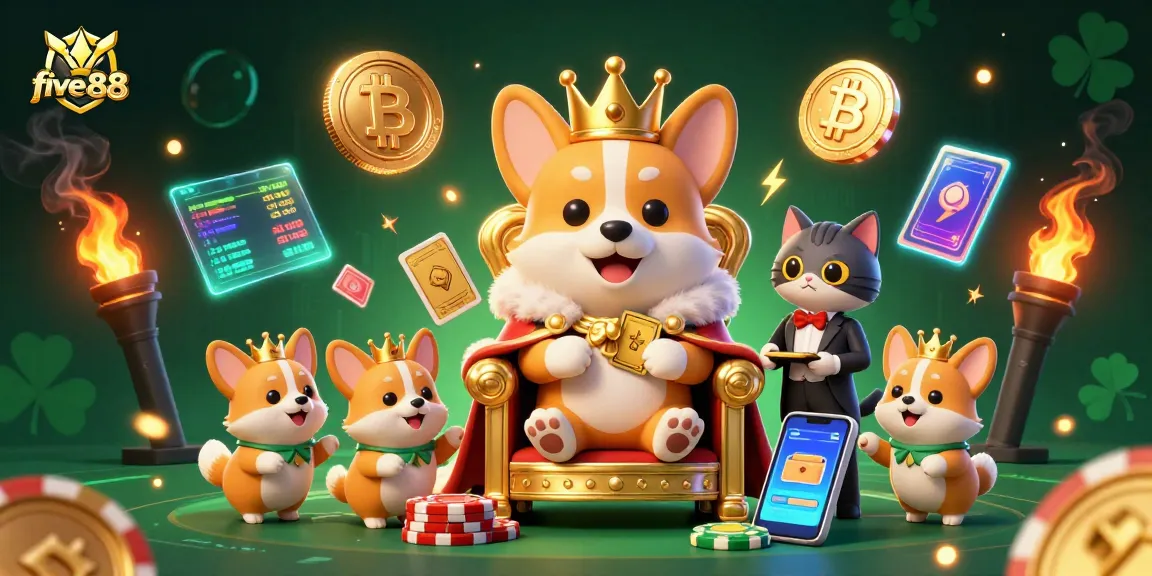Engage in thrilling gameplay at five 88 with exciting poker chips and crypto elements surrounding royal corgi characters.