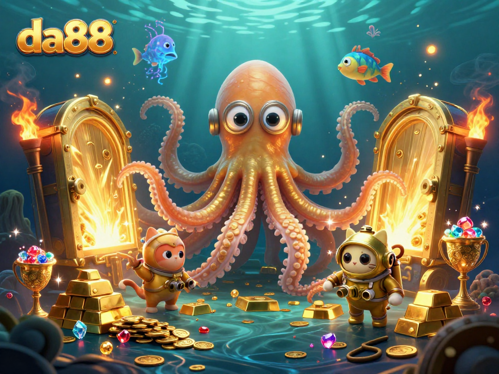 Experience thrilling moments at da88 with vibrant treasures and a playful diving cat.