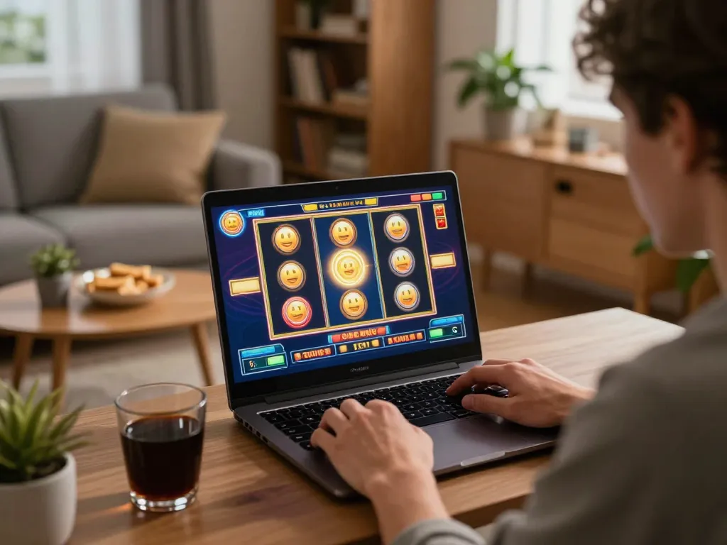 Player engaging in online casino gameplay on laptop, showcasing 888b excitement in a cozy setting