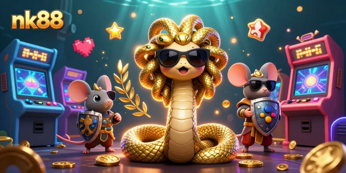 Experience thrilling gameplay with nk88 in this vibrant 3D casino scene featuring cute Medusa and a warrior mouse.