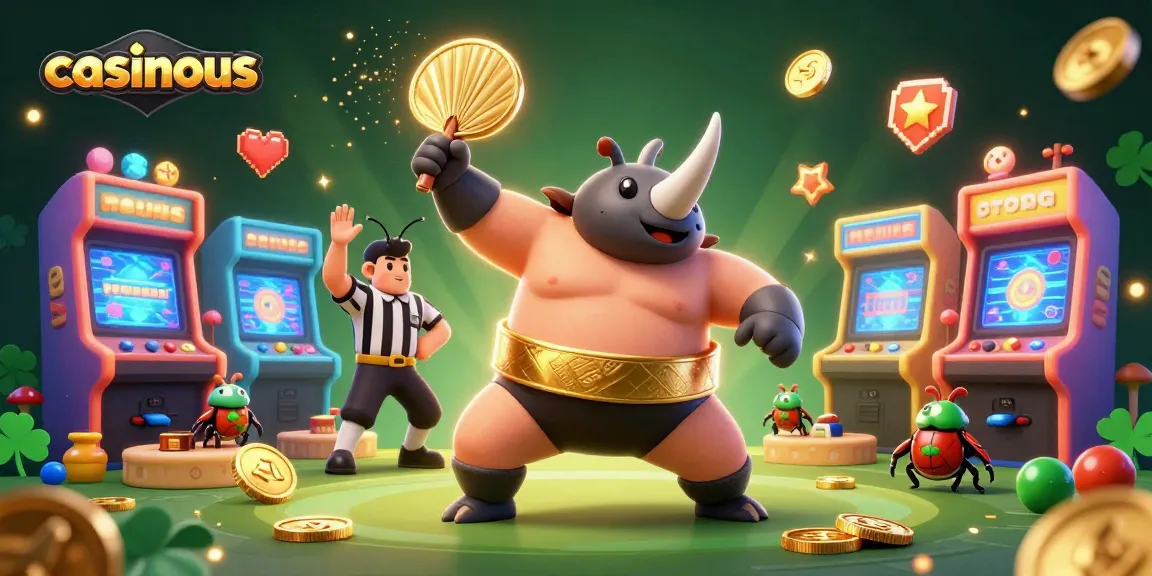 Experience lively action at casinous with an epic sumo battle amid flying coins and vivid arcade elements.