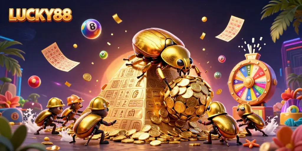Experience the thrill of LUCKY88 with colorful lottery balls, golden tickets, and energetic scenes!